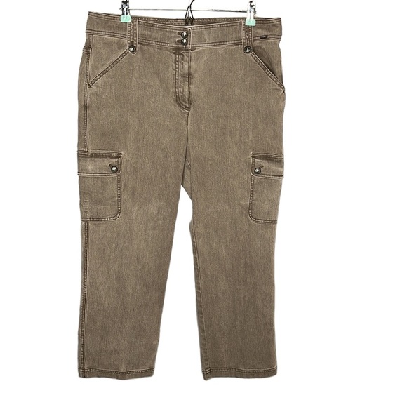 St. John Denim - St. John Green Cargo Pants Straight Crop Jeans Cotton Stretch Size 14 High Rise